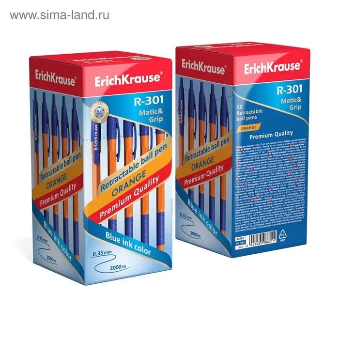 Ручка шариковая автоматическая Erich Krause R=301 Orange Matic & Grip, узел 0.7 мм, чернила синие, резиновый держатель, длина линии письма 2000 метров