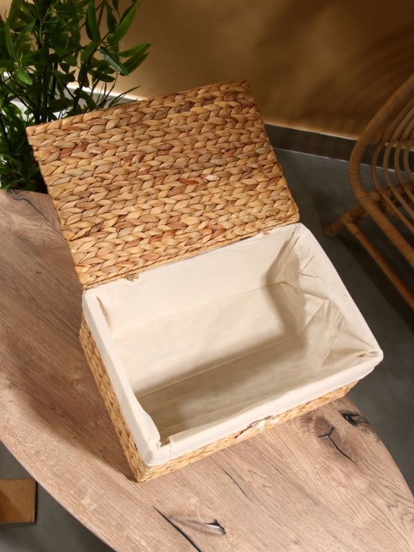 Корзинка прямоугольная с крышкой и тканевым подкладом, 44х30х20 см, водный гиацинт