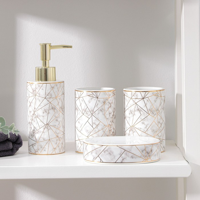 Набор аксессуаров для ванной комнаты &laquo;Лофт&raquo;, 4 предмета (дозатор 250 мл, мыльница, 2 стакана), цвет белый