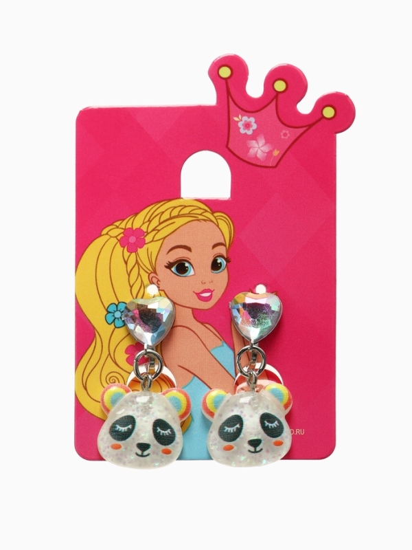 Серьги-клипсы детские "Выбражулька" панда с сердцем кристалл, цветные