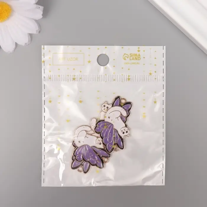 Декор для творчества металл, эмаль "Котик с крыльями бабочки" бело-фиолетовый 2,8х2,4 см