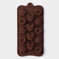 Форма для конфет и шоколада Доляна &laquo;Мишка, цветок, сердце&raquo;, силикон, 19,7&times;10,5&times;1,5 см, 14 ячеек, цвет коричневый