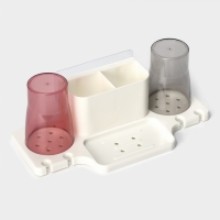 Держатель для зубных щеток настенный, с 2 стаканами на липучках, 31&times;9&times;14 см, цвет белый