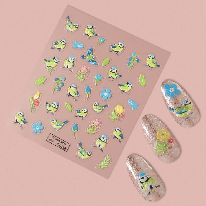Наклейки для ногтей &laquo;Птенчики и цветы&raquo;, объёмные, цвет голубой/жёлтый/зелёный