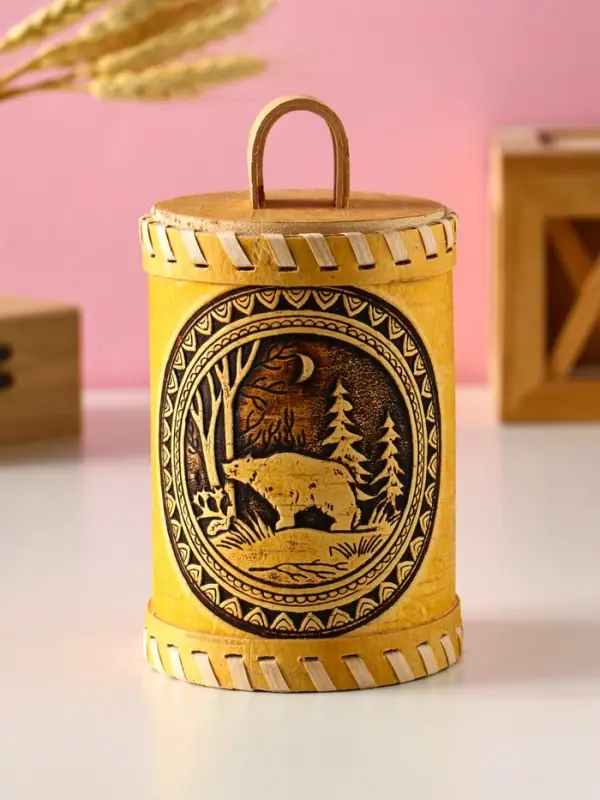 Туес "Лесной" (Медведь), D8,5 смхH(с хватком)14,5 см, береста