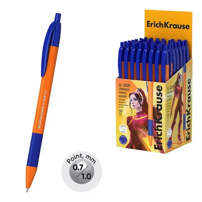 Ручка шариковая автоматическая ErichKrause U-209 Orange Matic&Grip 1.0, Ultra Glide Technology, чернила синие