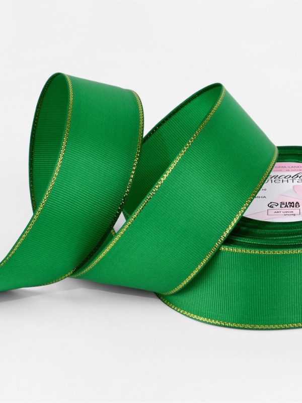 Лента репсовая 40мм*25&plusmn;1ярд(23м&plusmn;1м) золотые нити №019 зелёный АУ