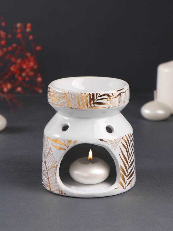 Аромалампа керамика "Золотые пальмовые листья на белом" 9,8х9,8х11 см