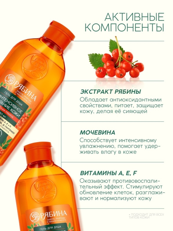 Гель для душа, интенсивное питание кожи, аромат рябины, 250 мл, Рябина