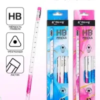 Карандаш чернографитный НВ с ластиком, Линейка, корпус треугольный МИКС