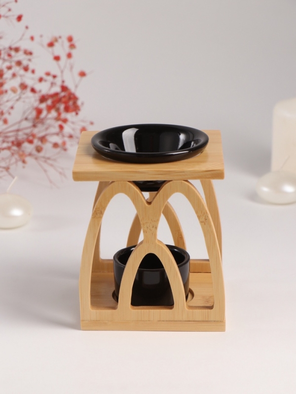 Аромалампа бамбук, керамика с подставкой под свечу "Узоры" чёрная 9,5х9,5х13,5 см