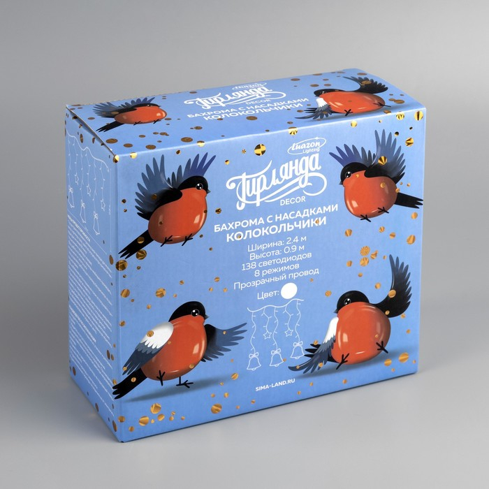 Гирлянда &laquo;Бахрома&raquo; 2.4 &times; 0.9 м с насадками &laquo;Колокольчики&raquo;, IP20, прозрачная нить, 138 LED, свечение белое, 8 режимов, 220 В