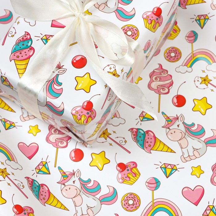 Бумага упаковочная глянцевая "Единорожки", 70 х 100 см, 1 лист