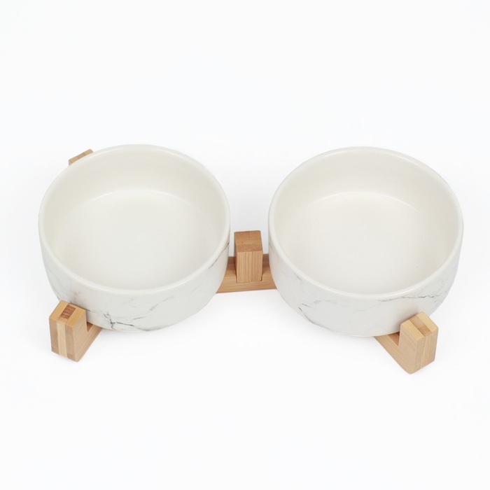 Миски керамические двойные на подставке 2 х 450 мл  28,5 х 15,5 х 7 см, мрамор