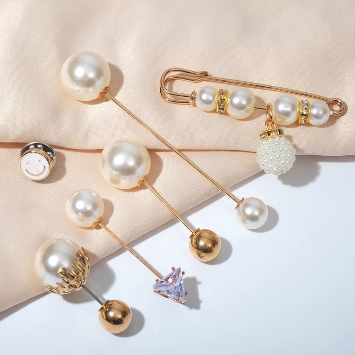 Набор булавок (6шт) &laquo;Жемчужная капель&raquo;, 6,3см, цвет белый в золоте