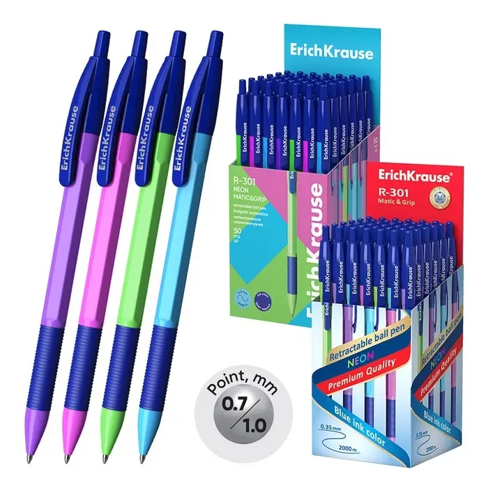 Ручка шариковая автоматическая ErichKrause R-301 Neon Matic & Grip, узел 0.7 мм, чернила синие, резиновый держатель, корпус МИКС (4 цвета)
