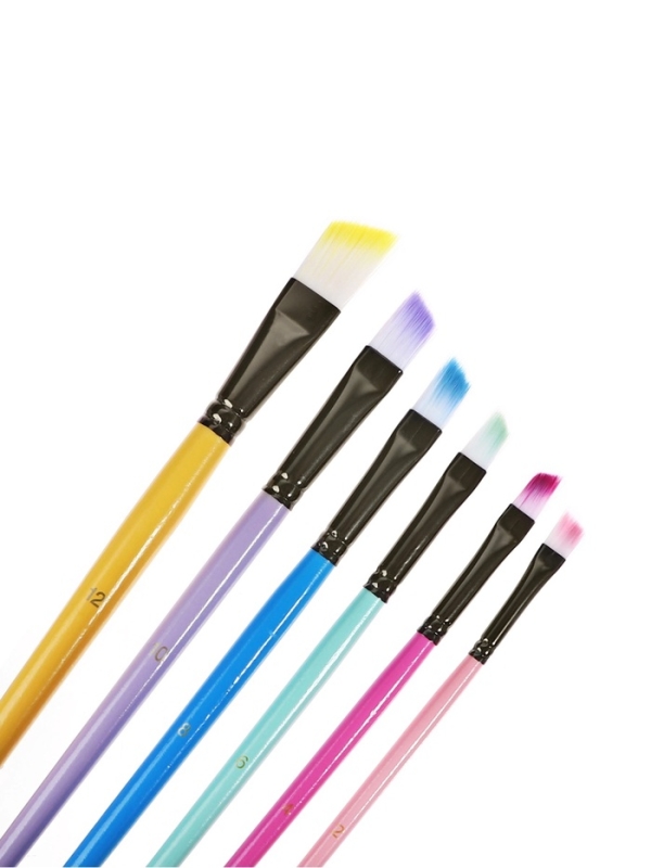 Набор кистей синтетика плоские 6 штук скошенные, с цветными ручками пастель (№2,4,6,8,10,12)   10843