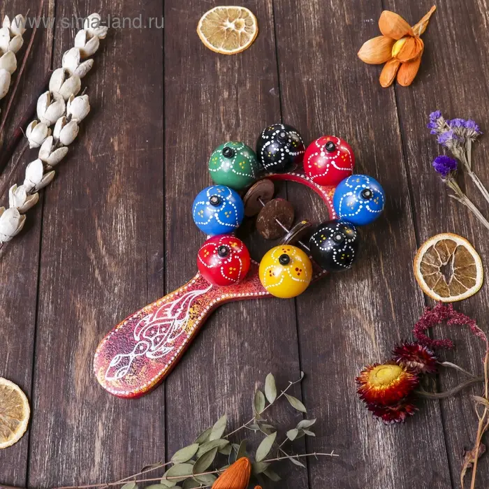 Сувенирный музыкальный инструмент "Маракас с шариками и пластинами" радужный 25х13х5 см МИКС