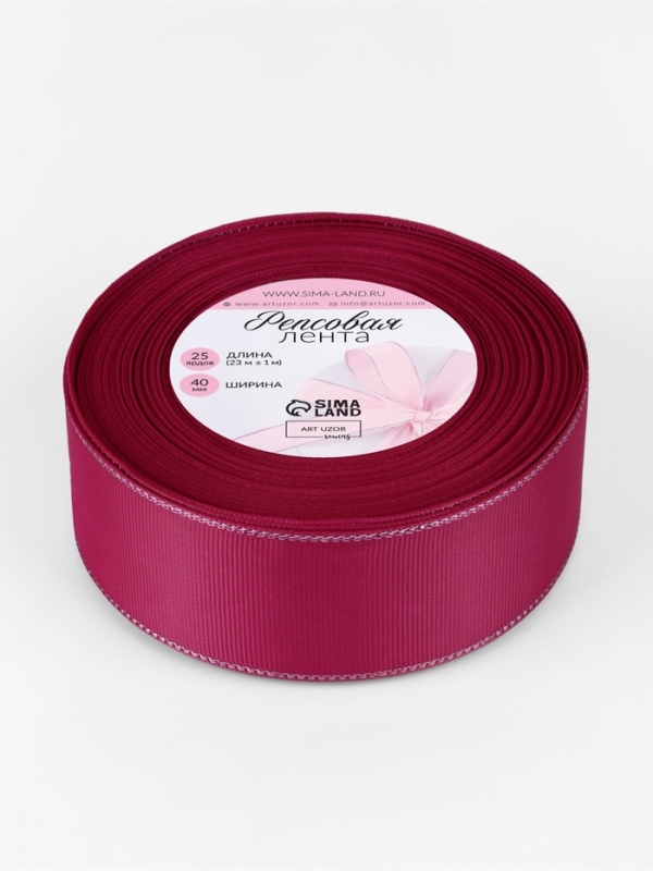 Лента репсовая 40мм*25&plusmn;1ярд(23м&plusmn;1м) серебряные нити №028 ярко-розовый АУ