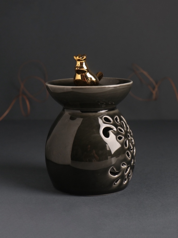 Аромалампа керамика "Птичка в короне в цветочной чаше" черный перламутр 9х9х13 см