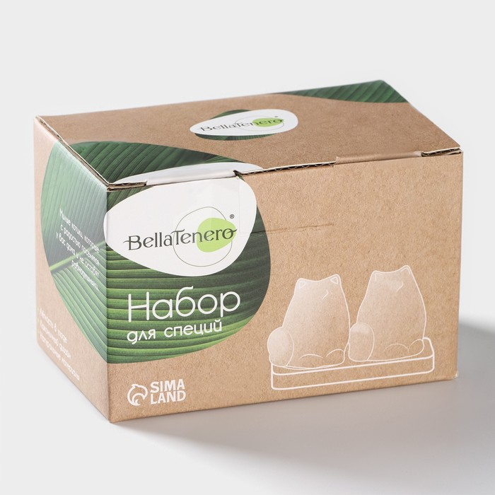 Набор фарфоровый для специй на бамбуковой подставке BellaTenero &laquo;Котики&raquo;, 3 предмета: солонка, перечница, подставка, цвет белый и чёрный