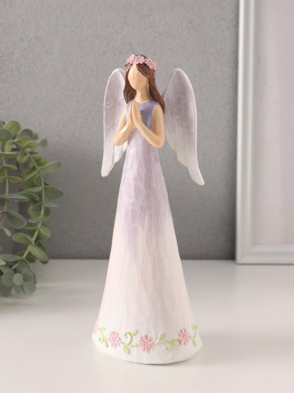 Сувенир полистоун "Девушка-ангел в сиреневом платье с цветами - молитва" 8,5х6х21,5 см