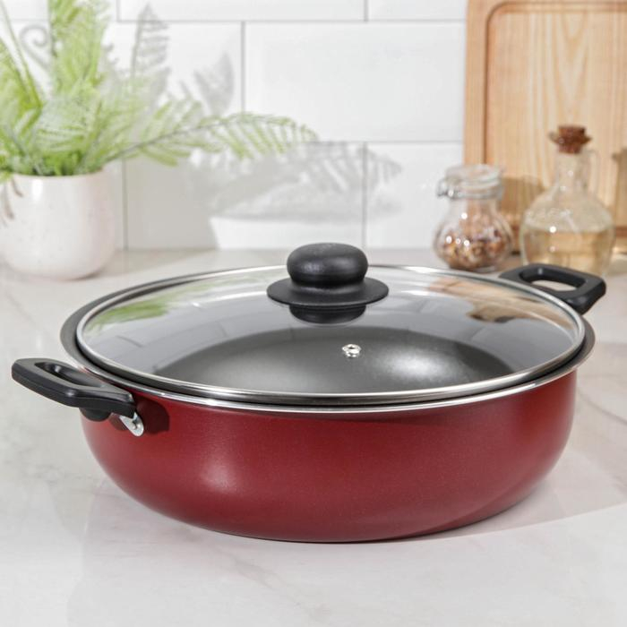 Жаровня-сковорода &laquo;Эксперт&raquo;, 4 л, d=28 см, стеклянная крышка, антипригарное покрытие, цвет бордовый