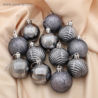 Набор шаров пластик d-5 см, 12 шт "Новогодние ветви" серый