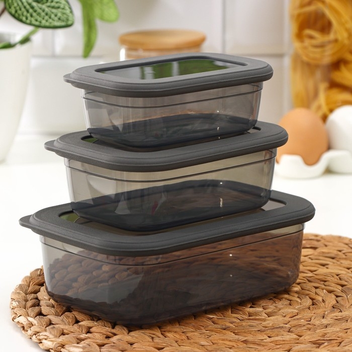 Набор пищевых контейнеров «Респект», 3 шт: 400 мл, 700 мл, 1.2 л, цвет прозрачный, крышка серая Набор пищевых контейнеров «Респект», 3 шт: 400 мл, 700 мл, 1.2 л, цвет прозрачный, крышка серая