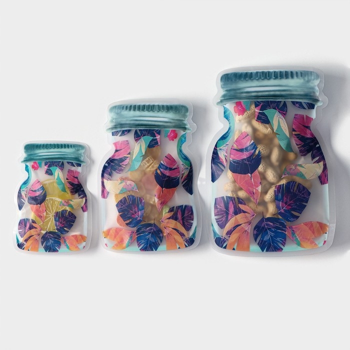 Набор пакетов для хранения сыпучих продуктов Доляна &laquo;Перья&raquo;, застёжка zip-lock, 3 шт, 15&times;10 см, 20&times;13 см, 24,5&times;16,5