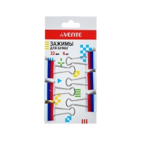 Зажимы для бумаг 32мм, 6 штук, ТРИКОЛОР, deVENTE, металлический, триколор, картонная коробка