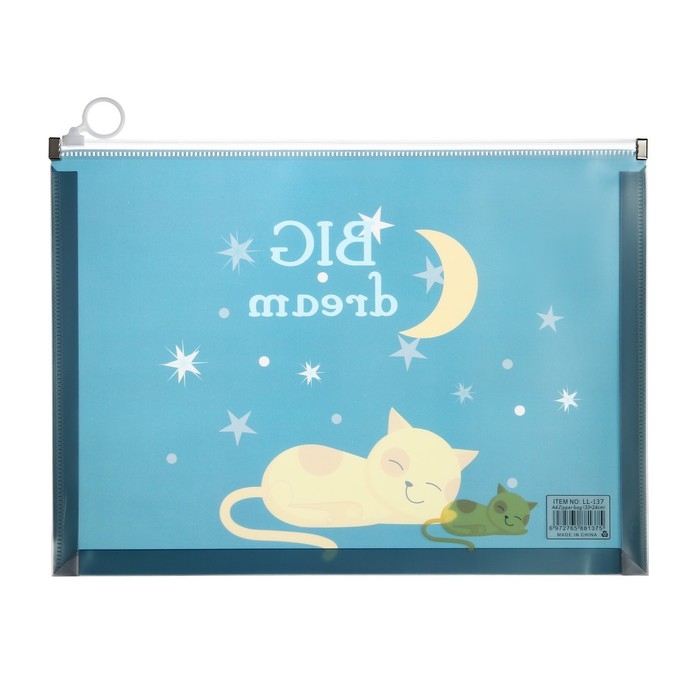 Папка-конверт на молнии формат А4, 180мкр, прозрачная с рисунком "Котик", МИКС