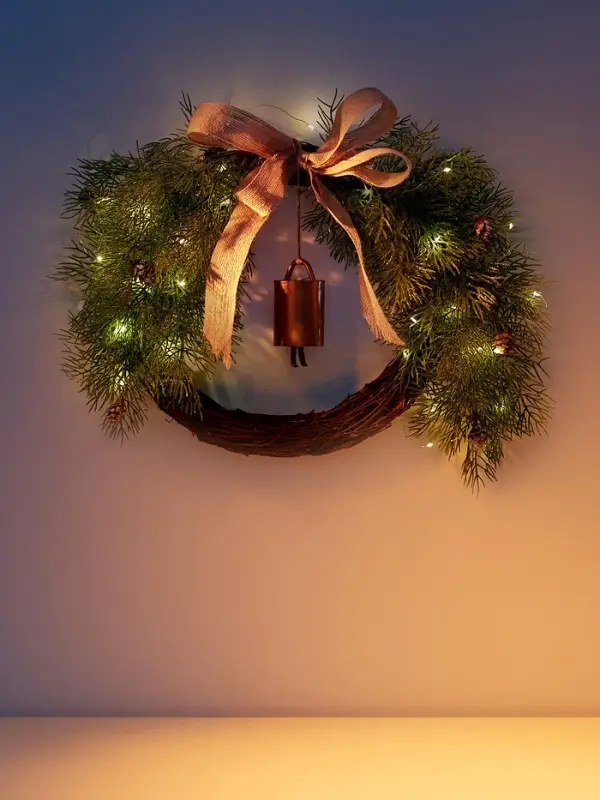 Декоративный венок &laquo;Ель с колокольчиком&raquo;, d=55 см, 30LED, от батареек CR2032&times;2, свечение тёплое белое