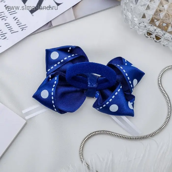 Резинка для волос бант &laquo;Школьница&raquo;, горох, 7 см, бело-синяя