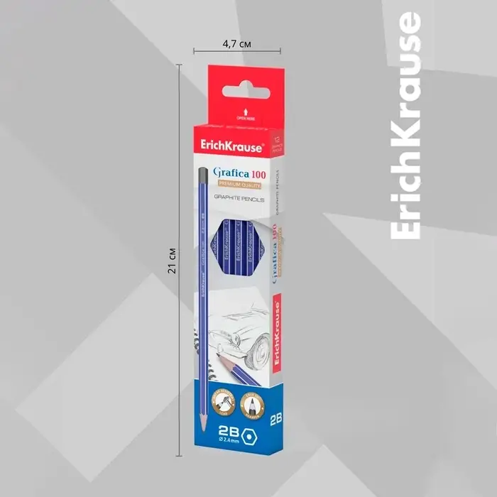 Карандаш чернографитный ErichKrause &laquo;Grafica 100&raquo;, 2B, грифель d=2.2 мм, дерево, шестигранный, в коробке, синий корпус