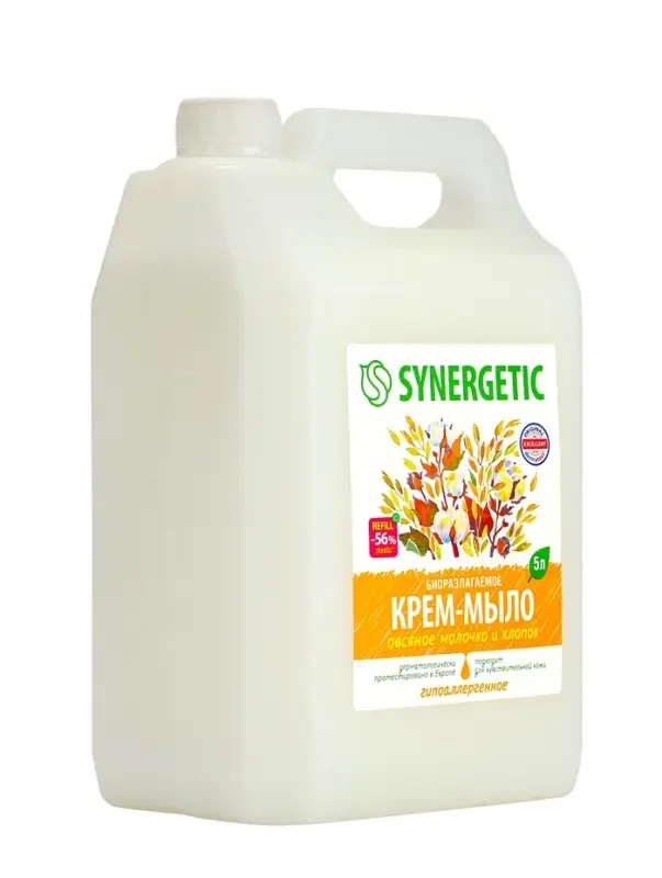 Крем-мыло жидкое биоразлагаемое для мытья рук и тела SYNERGETIC "Овсяное молочко и хлопок", 5 л 1092