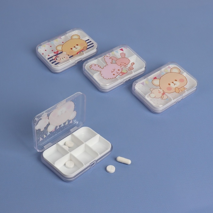 Таблетница &laquo;Милашки&raquo;, 6 секций, 9,2 см х 6,2 см х 2 см, цвет МИКС