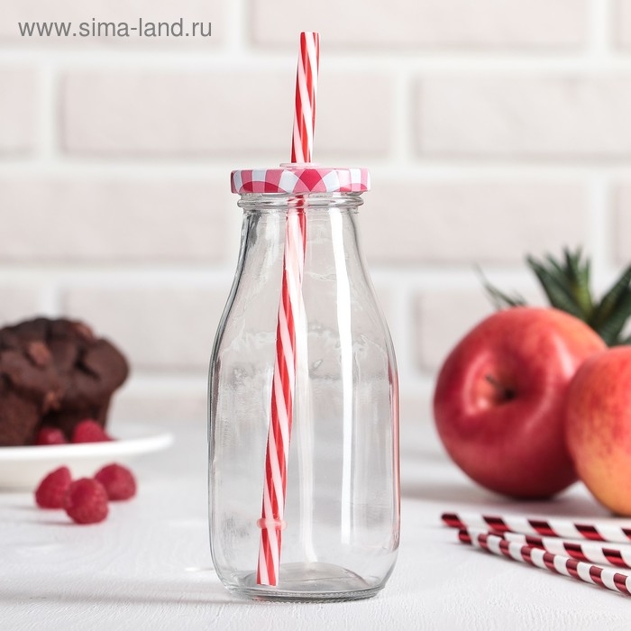 Бутыль стеклянная с крышкой и трубочкой &laquo;Лаконичность&raquo;, 300 мл, 6,5&times;15,5 см, цвет МИКС