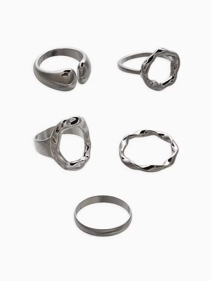 Набор колец 5 шт "Новый стиль" мятый, размер МИКС, цвет серебро
