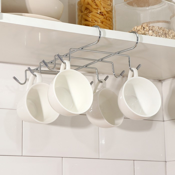 Держатель для кружек подвесной на 8 предметов Доляна, 27,5&times;20&times;7,5 см, на толщину полки 3,5 см, цвет хром