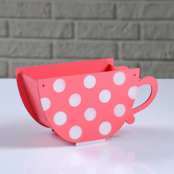 Кашпо деревянное "Чашка в горошек", коралловый, 20&times;9&times;11 см