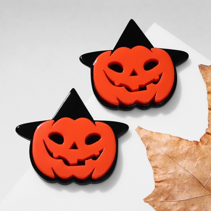 Серьги акрил &laquo;Тыковки&raquo; в шляпах ведьм, цвет оранжевый в чёрном металле