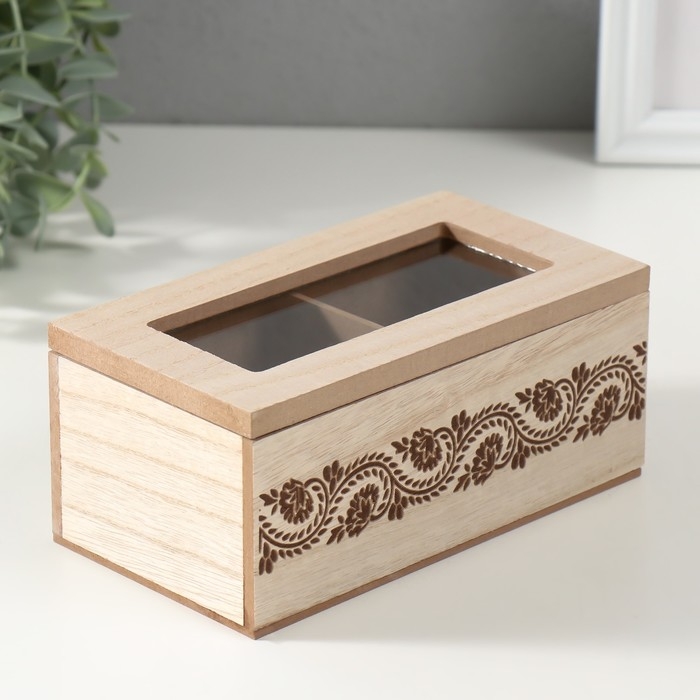 Шкатулка дерево 2 деления "Цветочный узор" 8,8х16,2х7 см