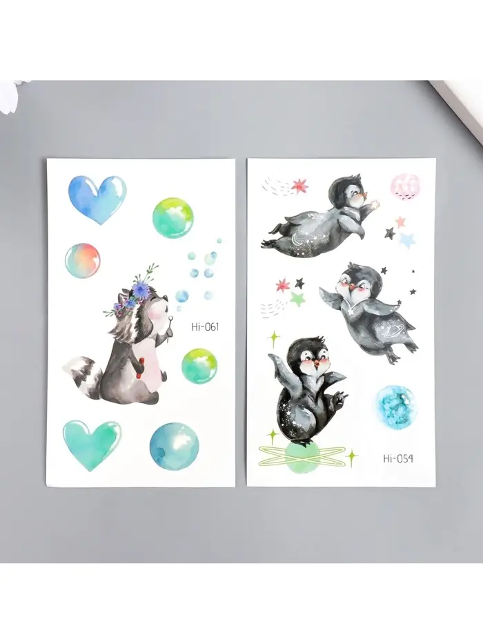 Переводная тату на тело цветная светящаяся &laquo;Енотик. Пингвины&raquo;, 6&times;10.5 см, МИКС