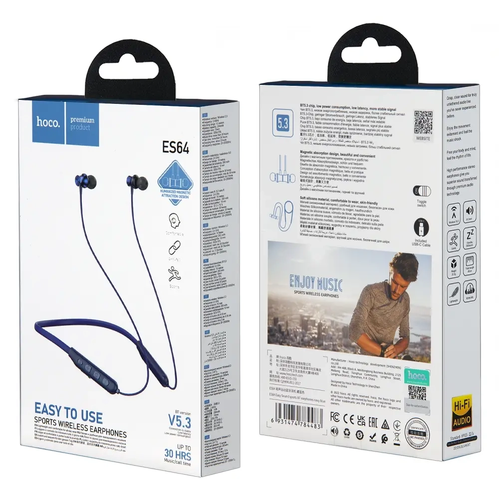 Гарнитура ES64 Bluetooth Sport Wireless Earphones HOCO темно-синяя