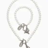 Набор 2 пред-та: бусы.браслет "Жемчуг", ракушка, цвет белый в серебре L=18/42см №8