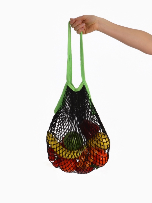 Авоська, 41 х 27 см, ручка 17 см, клетка 1.5 см, черная с зеленой ручкой