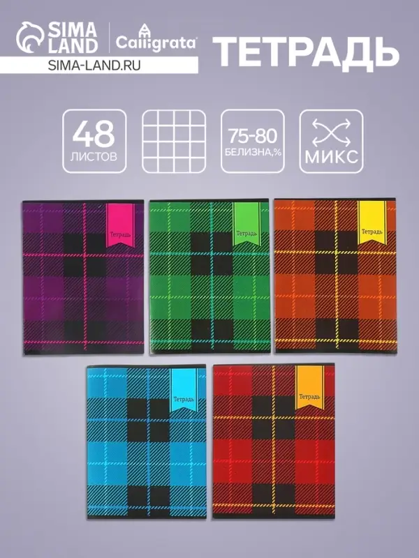 Тетрадь 48 листов в клетку Calligrata &laquo;Шотландка&raquo;, обложка мелованный картон, блок №2, белизна 75% (серые листы), МИКС
