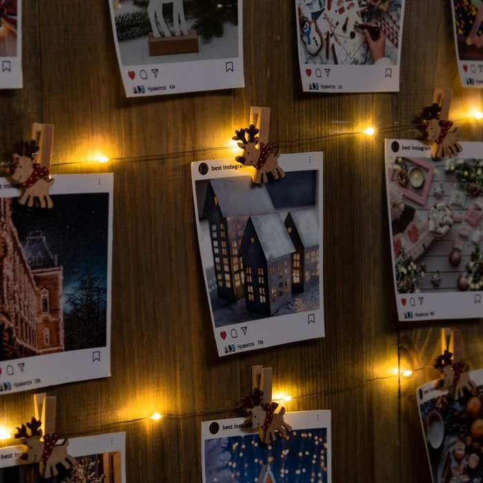 Гирлянда &laquo;Нить&raquo; 2 м роса с насадками &laquo;Прищепки-оленёнок&raquo;, IP20, серебристая нить, 20 LED, батарейка ААх2 (нет в комплекте), свечение тёплое белое