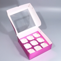 Коробка для капкейков, кондитерская упаковка с окном, 9 ячеек &laquo;Розовая&raquo;, 25 х 25 х 10 см